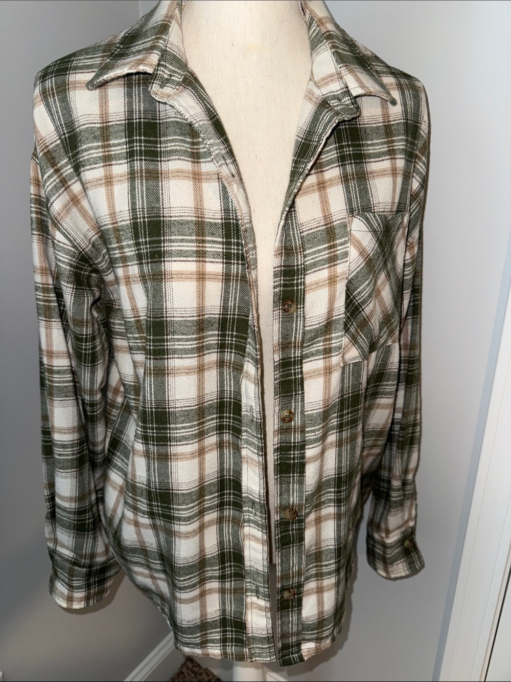 Olive Green & Cream Plaid Flannel Button-Up Shirt